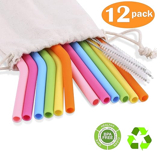12 Pack Silicone Reusable Straws, 6 Bend + 6 Straight Colorful Reusable