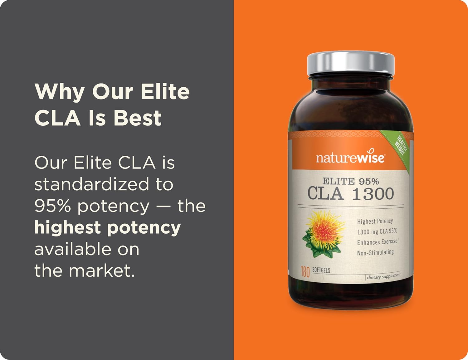 NatureWise Elite CLA 1300 Maximum Potency | 95% CLA Safflower Oil Health Supplements | Natural Fat Burner Improve Body Composition | Non-Stimulating Formula & Gluten Free [2 Month Supply - 180 Count]: Health & Personal Care