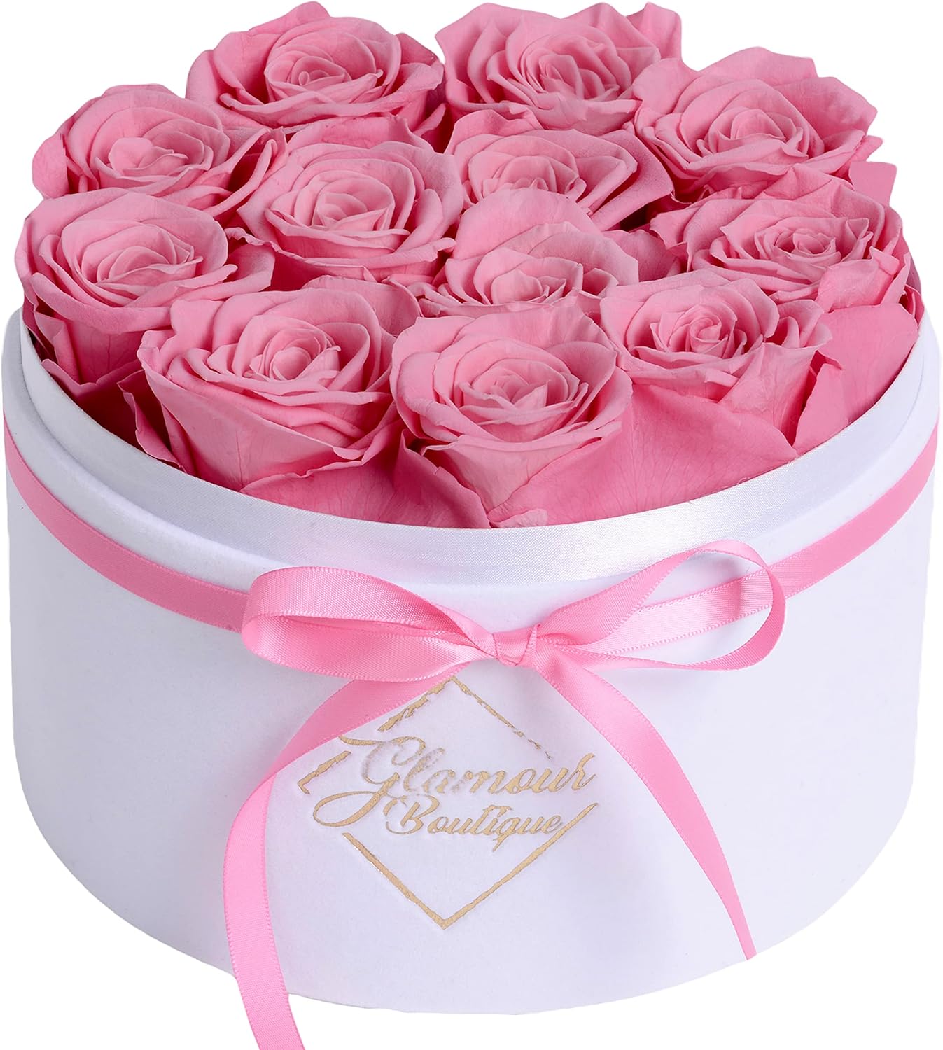 Dried & Preserved Flora - GLAMOUR BOUTIQUE Forever Flower Gift Box: 12 Real Preserved Roses in Round Velvet White Box, Handmade, Rose Petals, Birthday, Marriage,Anniversary, Graduation - Pink