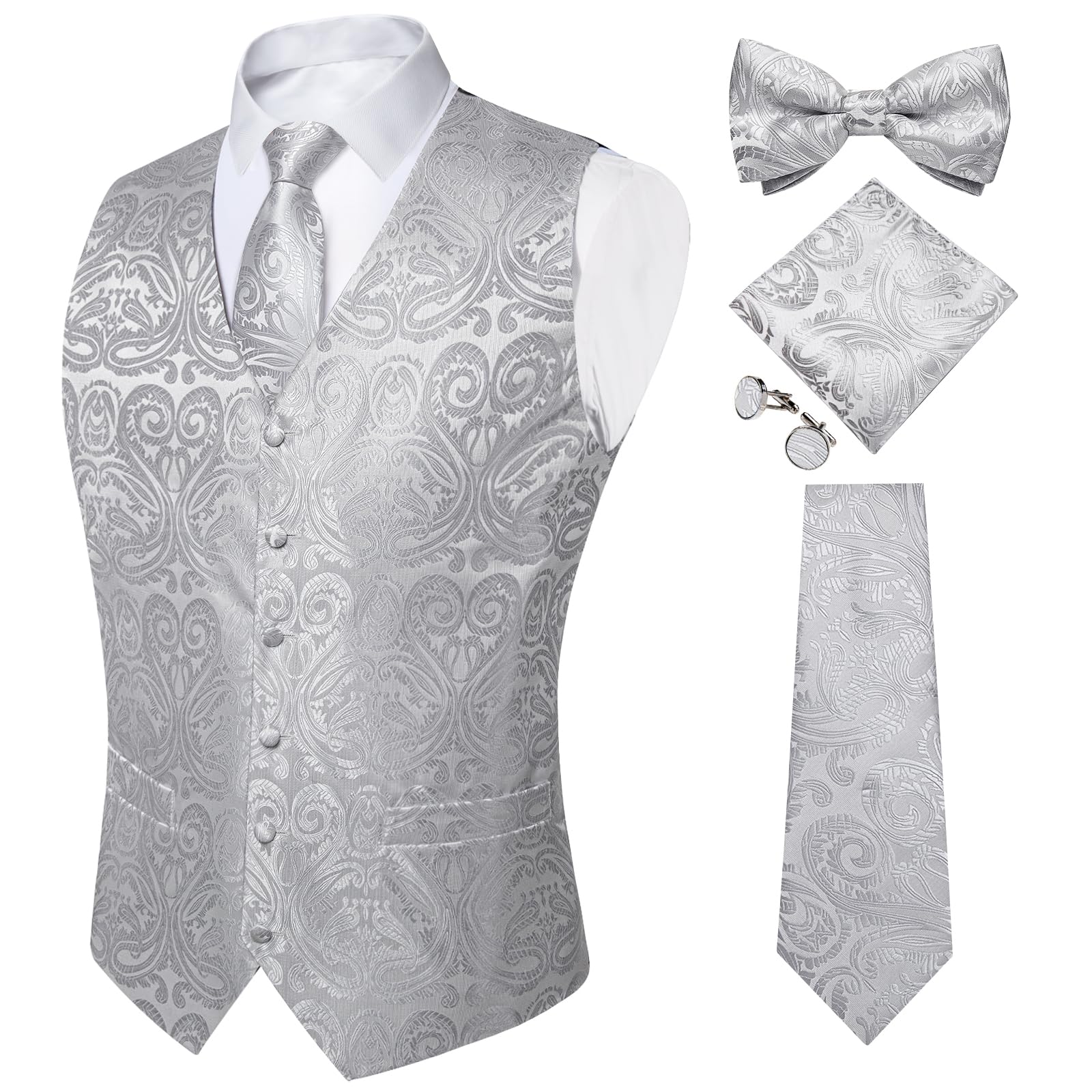 Photo 1 of DiBanGu Silver Grey Vest and Tie Sets for Men Suit Waistcoat Paisley Bow Tie Pocket Square Business Formal Dress Vest