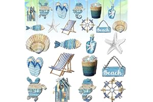 Purpeak 24 Pcs Summer Wooden Ornaments Ocean Beach Tree Decorations Coastal Nautical Navigation Seashell Fish Wooden Cutouts Summer Hanging Ornaments Summer Decorations for Home Small Tree Party