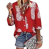 ZXZY Women Pineapple Printed Lapel Collar Half Sleeves Buttons Down Blouse Shirt