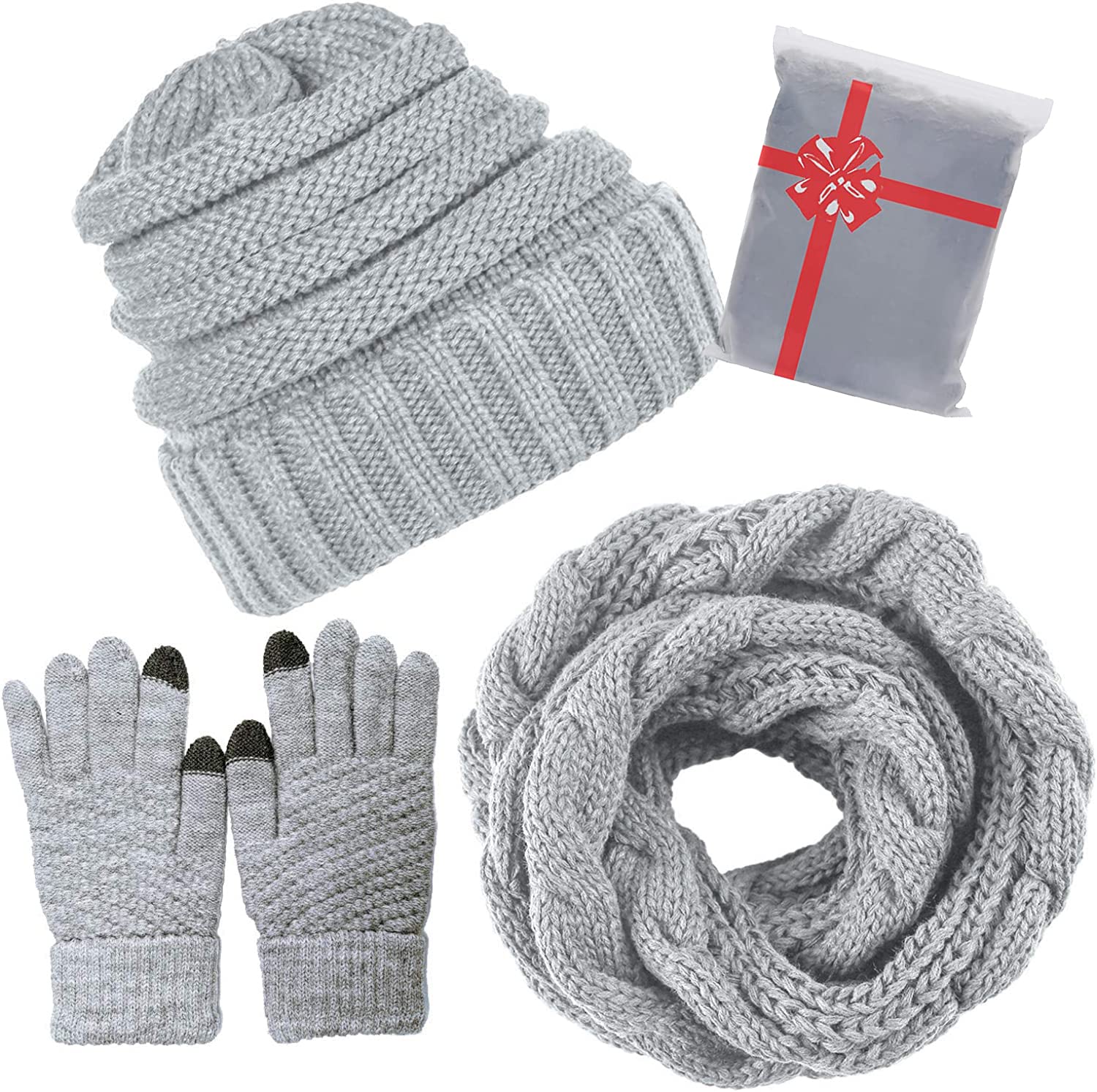 CheChury Winter Hat, Scarf and Gloves Set - Warm Knitted Scarf, Beanie Hat and Touch Screen Gloves for Women - Skiing, Outdoor Sports - Lightgrey, One Size