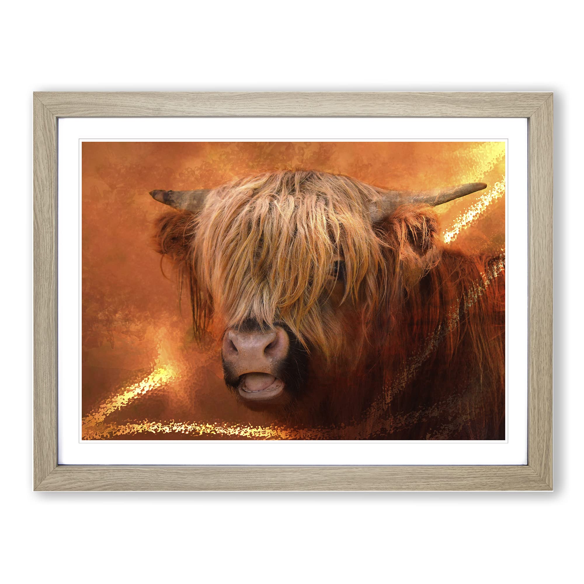 Highland Cow Modern Framed Print | A3 Oak Framed Wall Art | Ready to Hang | Modern Animal Picture | Living Room Bedroom Lounge Office