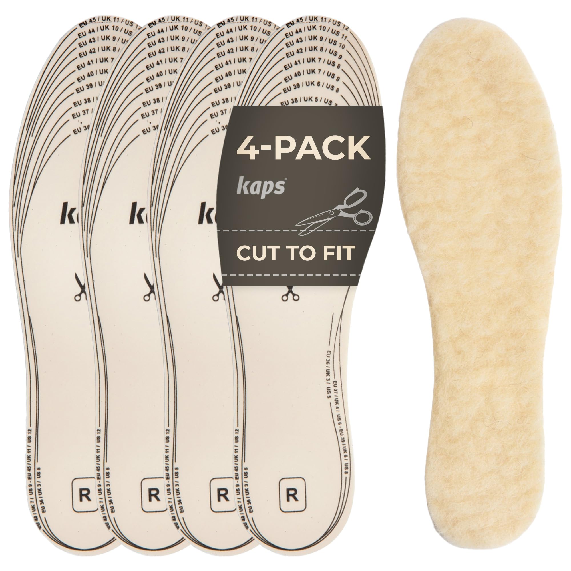 Kaps Winter Insole Set, 4 x Sheep Wool Inserts for Shoes and Boots, Warm & Soft, Set of 4 Pars Cut to Size Shoe Insoles for Adults Unisex, 4 Pair Pack