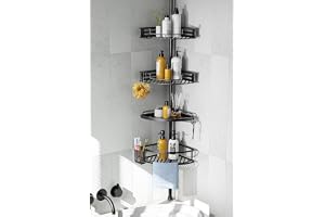 HAMITOR Corner Shower Caddy Tension Pole: Quick Installation 4-Tier Rustproof Bathroom Organizer Shelves for Bathtub Shampoo