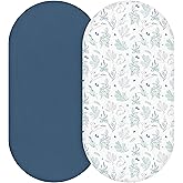 Muslin Bassinet Fitted Sheets, 2 Pack for Baby Boy and Girl, Soft Breathable Baby Pad/Mattress Sheet, Fit for Hourglass Oval and Rectangle Bassinet Mattress (Blue Deer)
