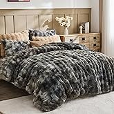Lotus Karen Fluffy Comforter Cover Set - Rabbit Fluff Faux Fur Duvet Cover Queen Size Tie-Dye Dark Gray Plush Fuzzy Furry Bedding Sets 3Pieces(1 Duvet Cover & 2 Pillow Shams) Zipper