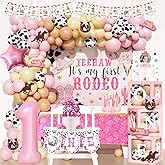 Fiesec First Rodeo Birthday Party Decorations Girl, Pink Western Cowgirl 1st Birthday Decorations Backdrop Balloon Garland Banner Tablecloth Cake Topper Box Cutout Crown Poster 123 PCs