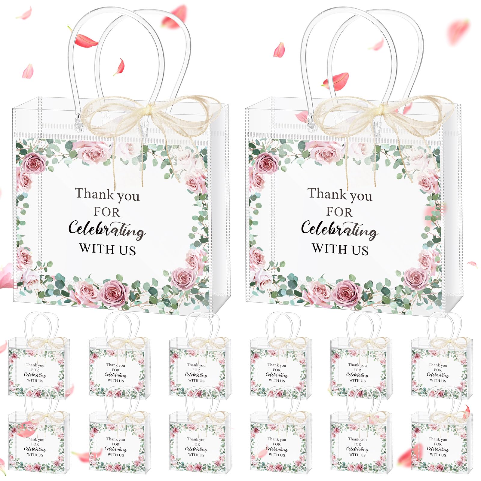 Photo 1 of Kolldenn 12 Pcs Clear Wedding Gift Bags with Handle for Hotel Guests Thank You for Celebrating with Us Wedding Welcome Bags for Summer Bridal Shower Party Favor, 7.87 x 7.87 x 3.15 Inches(Flowers)