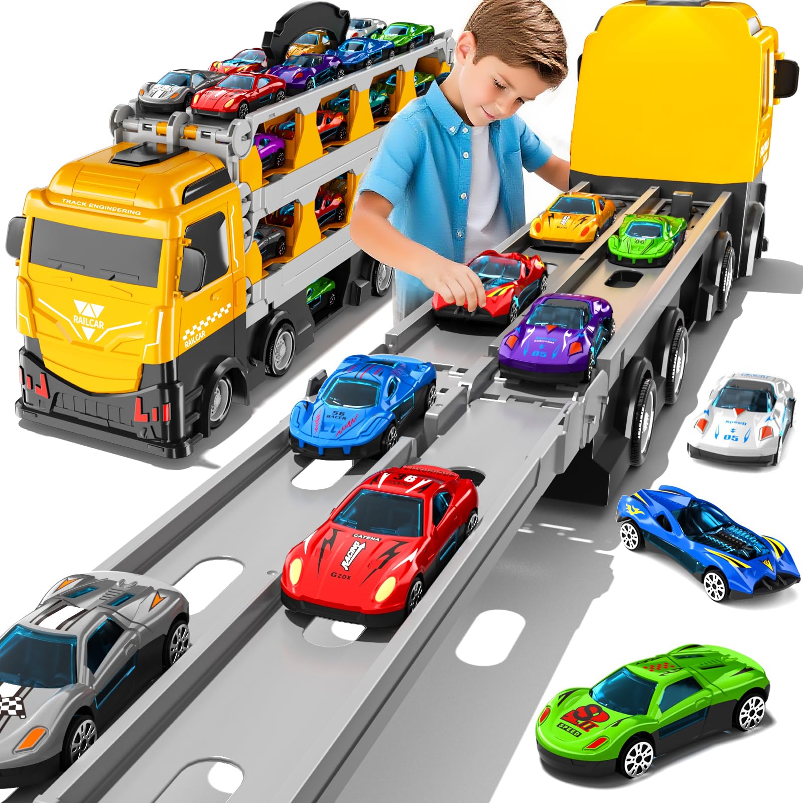 BLmukce Car Truck Toys for Kids 3 4 5 6 9 Years Old, 78-Inch Race Track Transport Vehicle, STEM Educational Playset with 12 Die-cast cars, Toddler Creative Building Toys Gift for Boys Girls (Yellow)