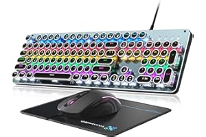 TAIAHIRO Typewriter Mechanical Gaming Keyboard and Mouse, Metal Panel Retro Keyboard with Round Keycap Blue Switch, RGB Backlit 104 Keys Anti-Ghost Wired Keyboard Mouse and Pad Combo for PC Laptop Mac Gamer