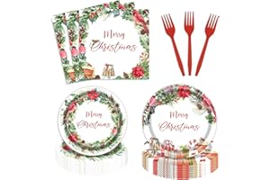 AYSIMPLE 96PCS Christmas Party Supplies Winter Seasonal Holly Party Tableware Set Red Poinsettia Flora Wreath Cardinal Birds Party Dinnerware Decorations Paper Plates Napkins Forks Merry Christmas 24 Guests