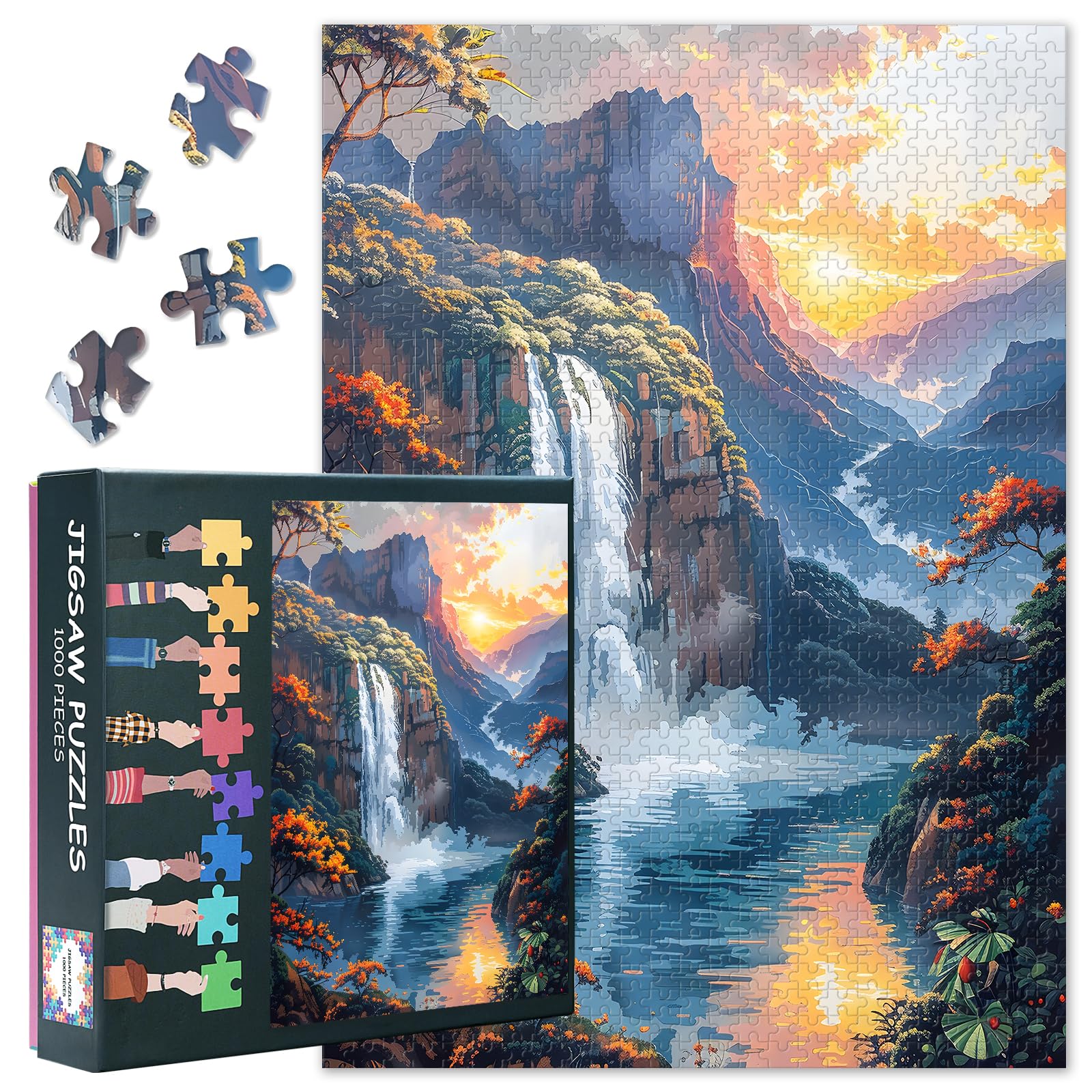 Jigsaw Puzzles for Adults, 1000 Piece Puzzle - Majestic Waterfall Cascading Through Serene Mountain Valley at Golden Sunset, Coolest Adult Puzzles(27.5x19.7 Inches)