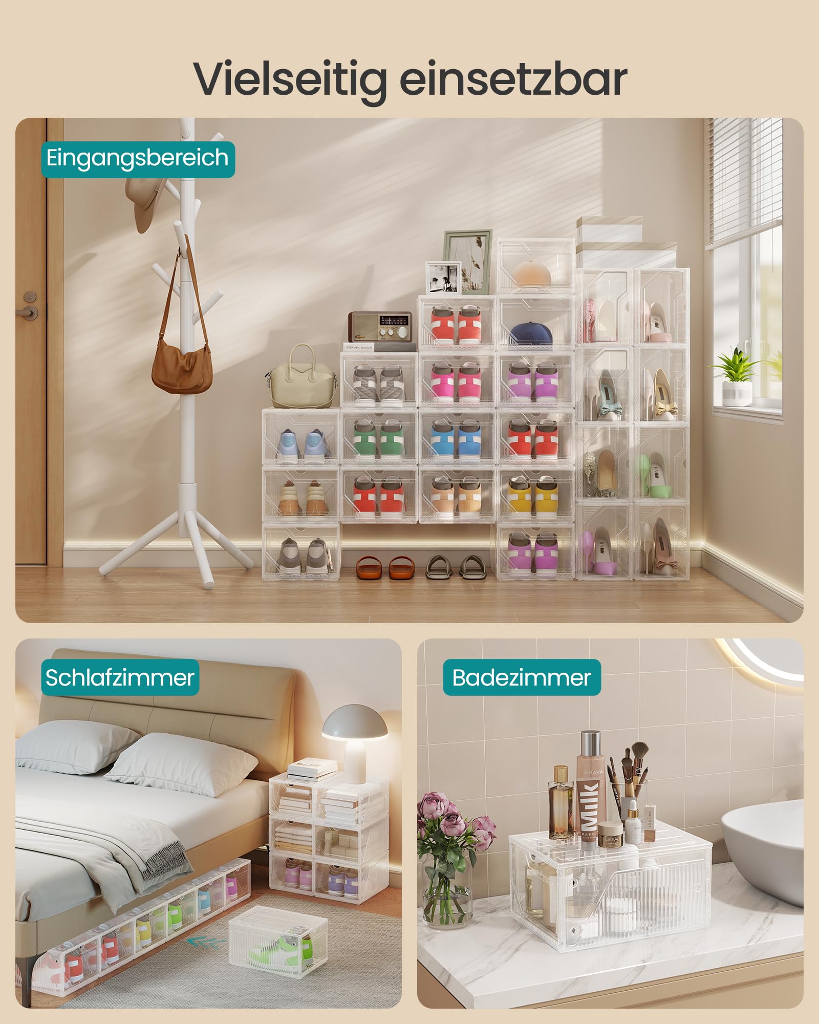 SONGMICS Schuhboxen 6er Set, Schuh-Organizer aus Kunststoff, stapelbar quer und längs, Aufbewahrungsbox mit Magnettverschluss, durchsichtig, für Schuhe bis Größe 46, wolkenweiß LSP806WH01 6