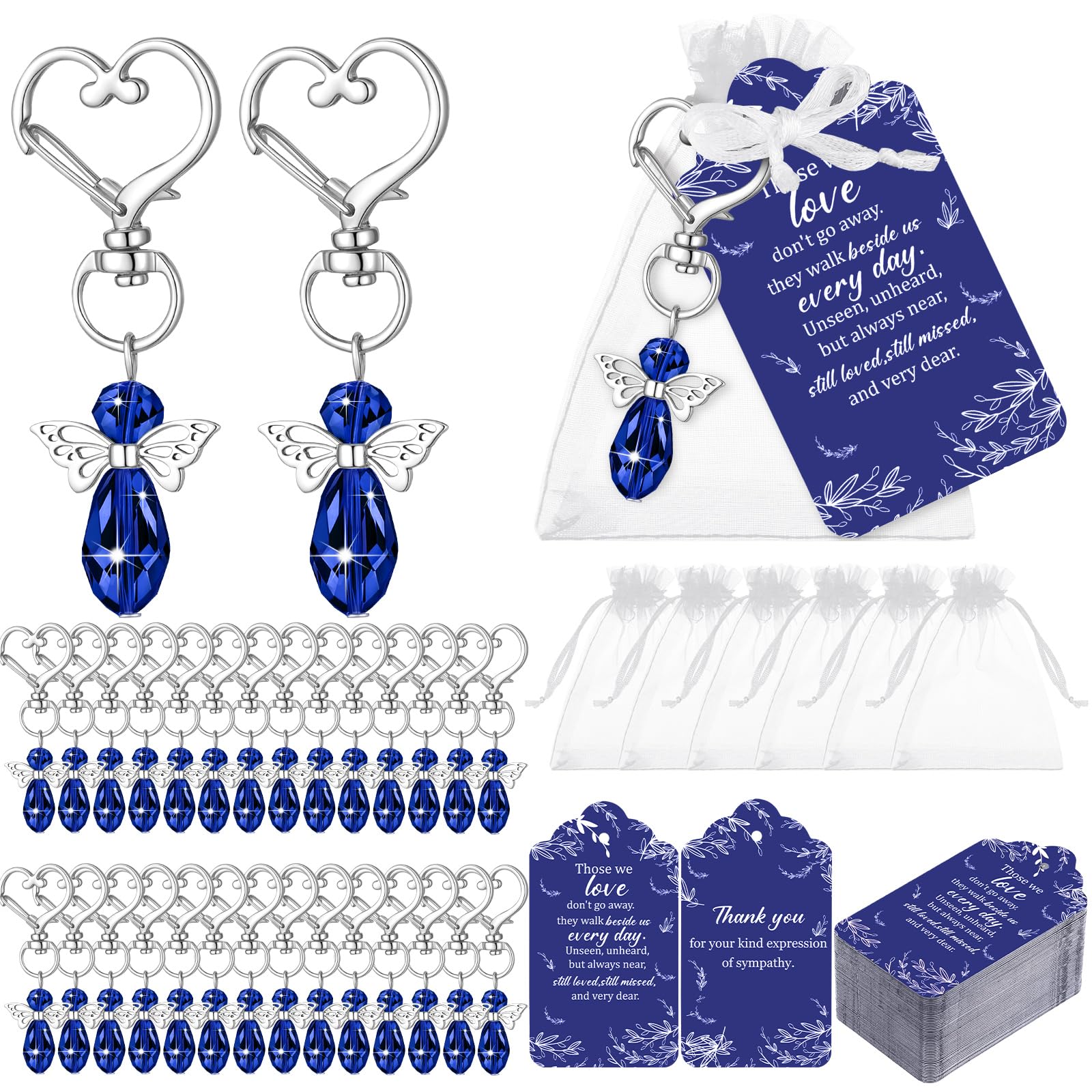 Photo 1 of 100 Set Funeral Favors Celebration of Life Favors Angel Keychains Organza Bags Sympathy Thank You Cards for Memorial Gifts Guest Return (Charming,Blue)