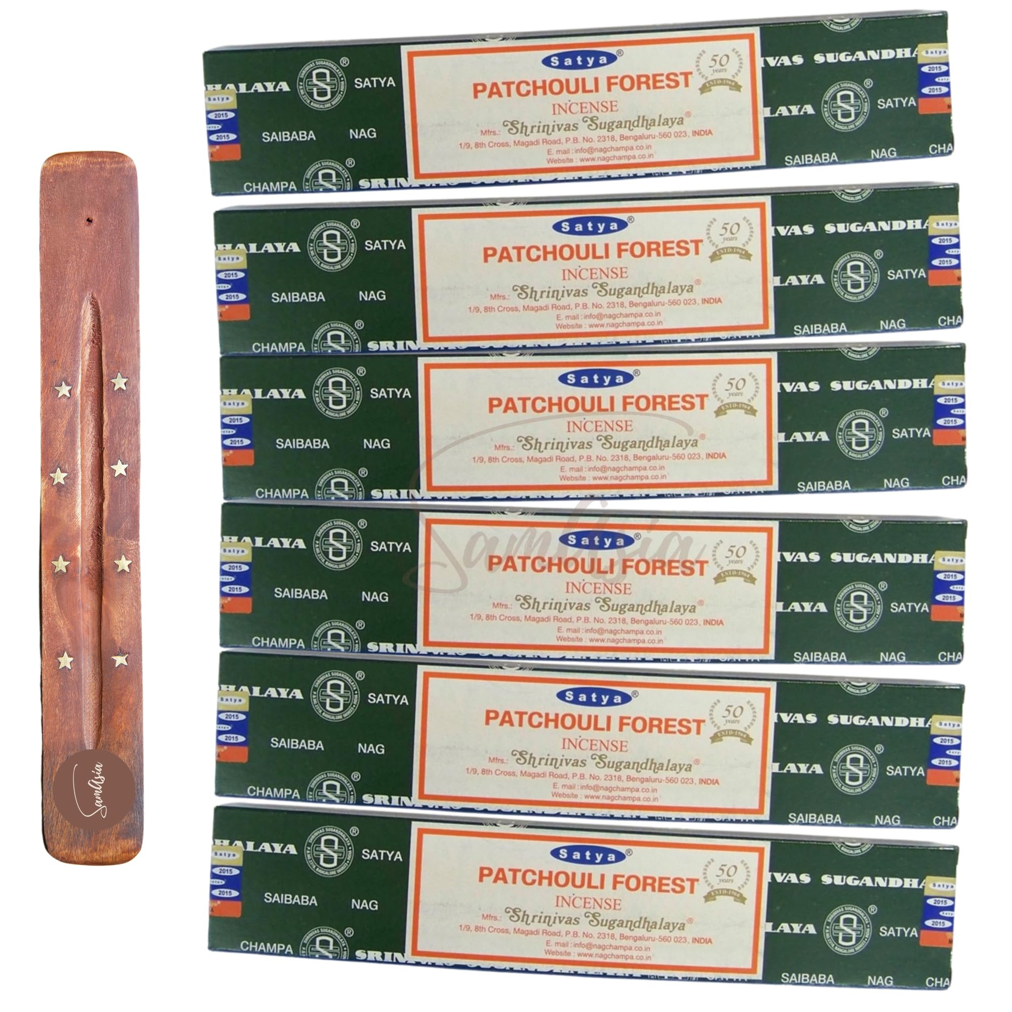 Satya Nag Champa Patchouli Forest Incense Sticks | x6 pack | with SAMASIA incense sticks holder | Used for Aromatherapy, Spa, Yoga, Weddings, Meditation, Healing, Positivity and Relaxation