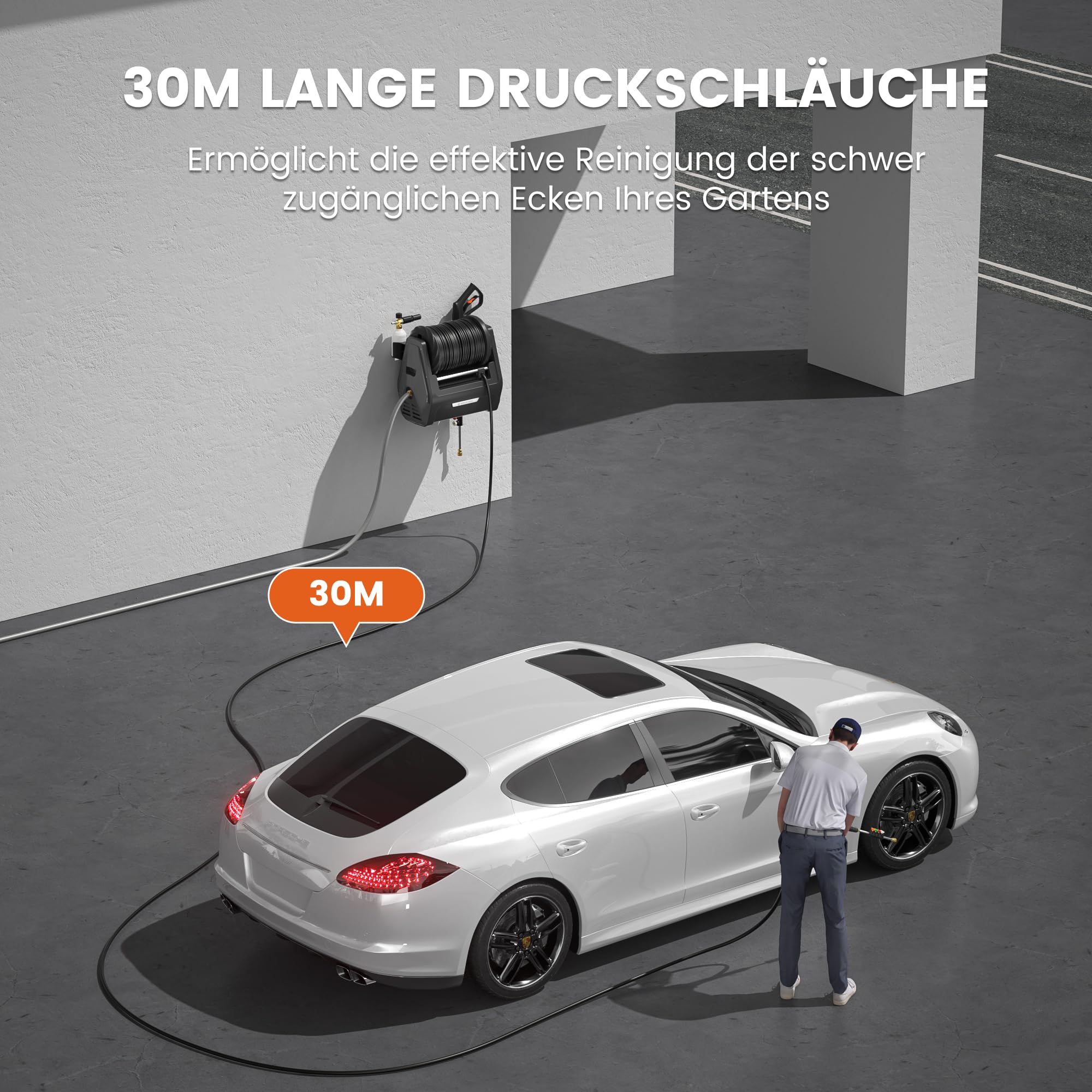 Giraffe Tools Wandmontierter Hochdruckreiniger, 1800 Watt, Max 2400 PSI, 2.0 GPM Elektrischer Wasserdruckreiniger, mit 30M Einziehbarem Schlauch, für Autos/Zäune/Garten, Schwarzer Harter Schlauch 5