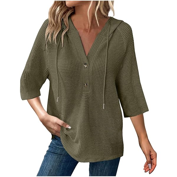 Women's Waffle Knit Hoodie - Button V Neck Long Sleeve Pullover With Drawstring Casual Sweatshirt