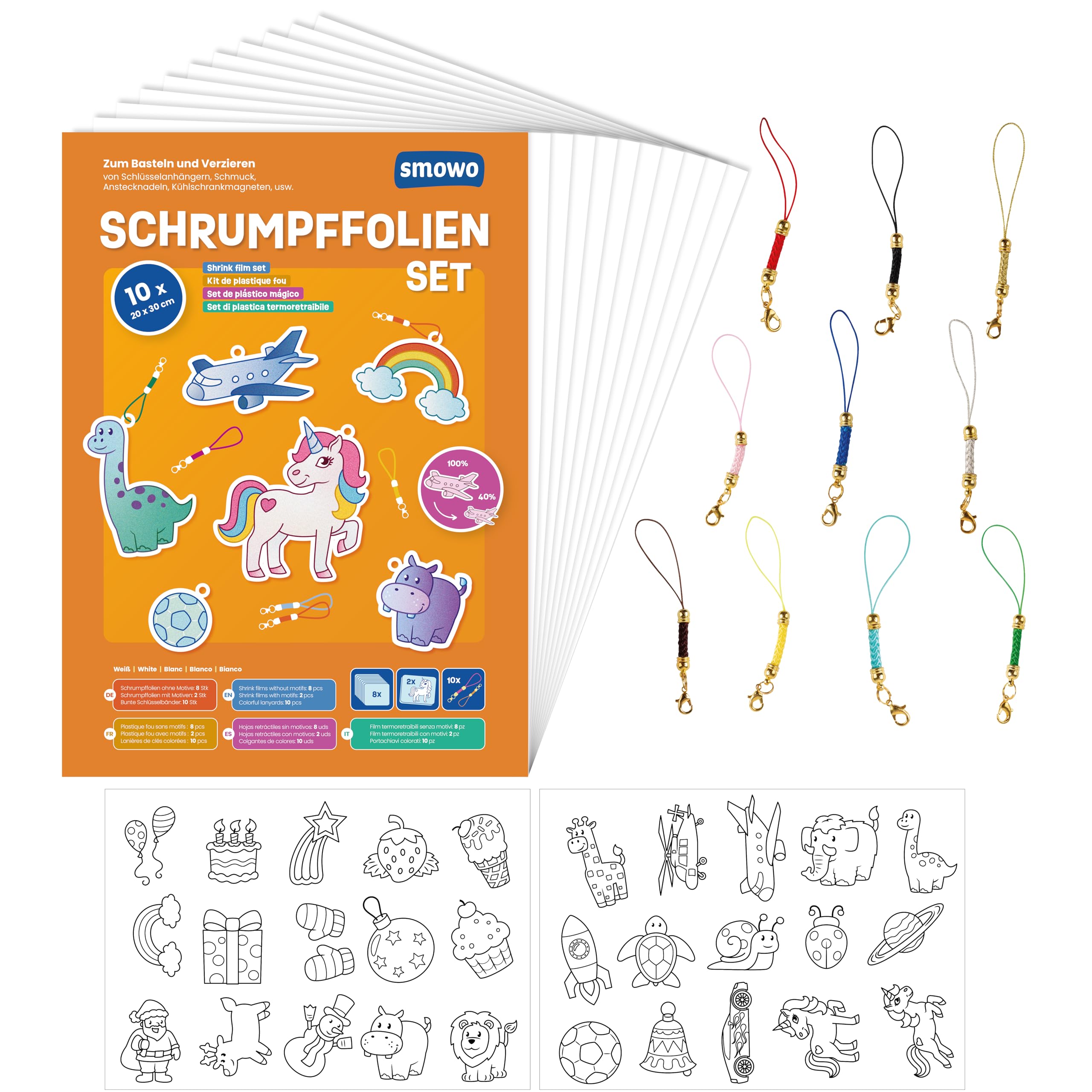 Smowo® Shrink Film Set with Key Ring – Pack of 10 Shrinking Plastic Film – Craft Set with Motifs – A4 Matte Transparent