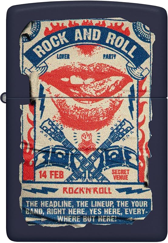 Isqueiro Windproof - Poster de Rock & Roll - Acabamento Azul-Marinho Matte, Imagem a Cores - Recarregável - Reutilizável - Design à prova de vento - Caixa de Presente - Fabricado nos EUA