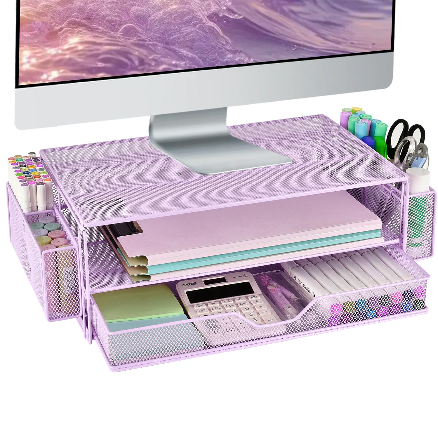 Photo 1 of AUPSEN Computer Monitor Stands Riser?2-Tier Desk Organizers and Accessories, Office Desk Accessories Organizer with Drawers and 2 Pen Holder for Office Supplies (Purple)