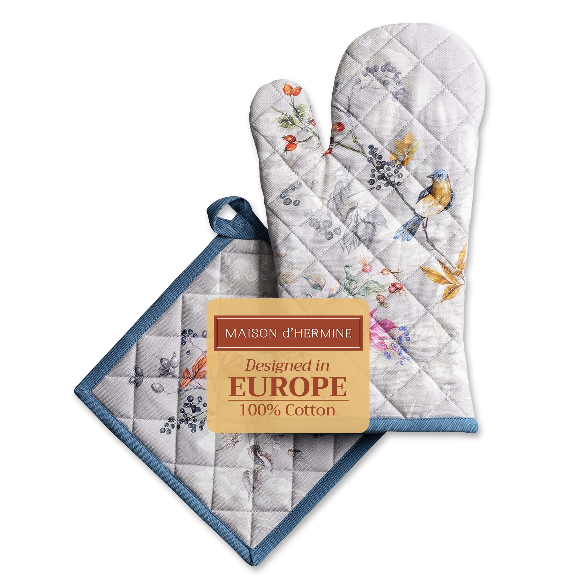 Maison d' Hermine 100% Cotton Oven Mitt & Pot Holder Set (19 x 33 cm & 20 x 20 cm) Heat Resistant BBQ Cooking Gloves with Loop for Christmas Decorations Baking Handling Hot Pans (Equinoxe - Grey)