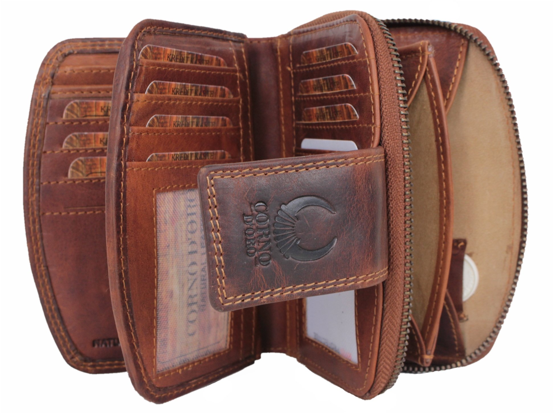 Corno d´Oro CD23007 Women's Leather Wallet with TÜV Certified RFID Protection I Vintage Wallet Brown with Zip in Gift Box