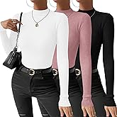 Ekouaer 3 Pack Mock Turtlenecks Tops for Women Long Sleeve Ribbed Shirts Thermal Slim Fit Lightweight Undershirts Pink/White/Black M