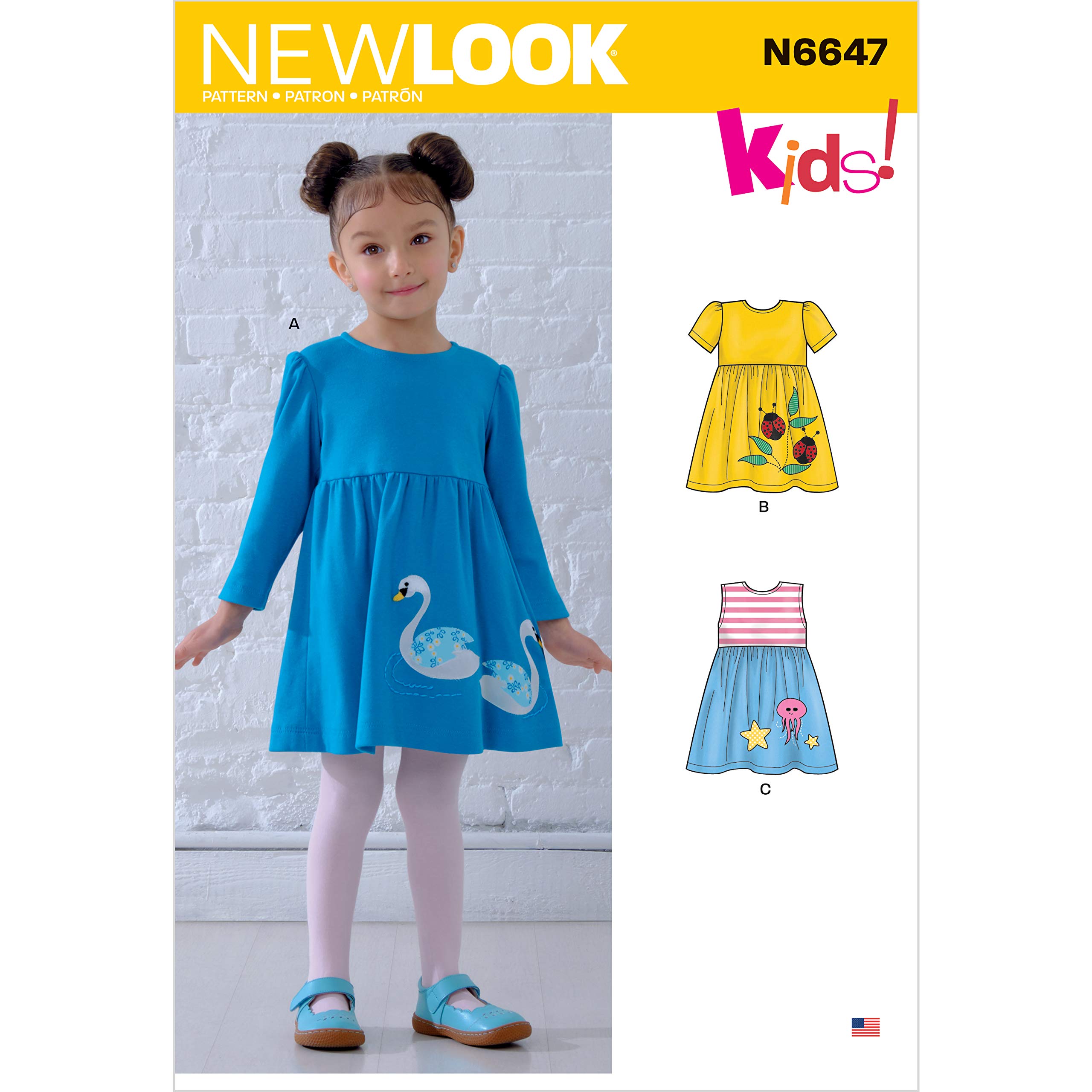 New Look Sewing Pattern N6647 Toddlers' Dresses with Appliques, Paper, White, various