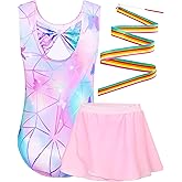 Snowheart Girls Gymnastics Leotards Crew Neck Shiny Tumble Bodysuits Sleeveless Tank Gym Leos with Skirts for Kids Class