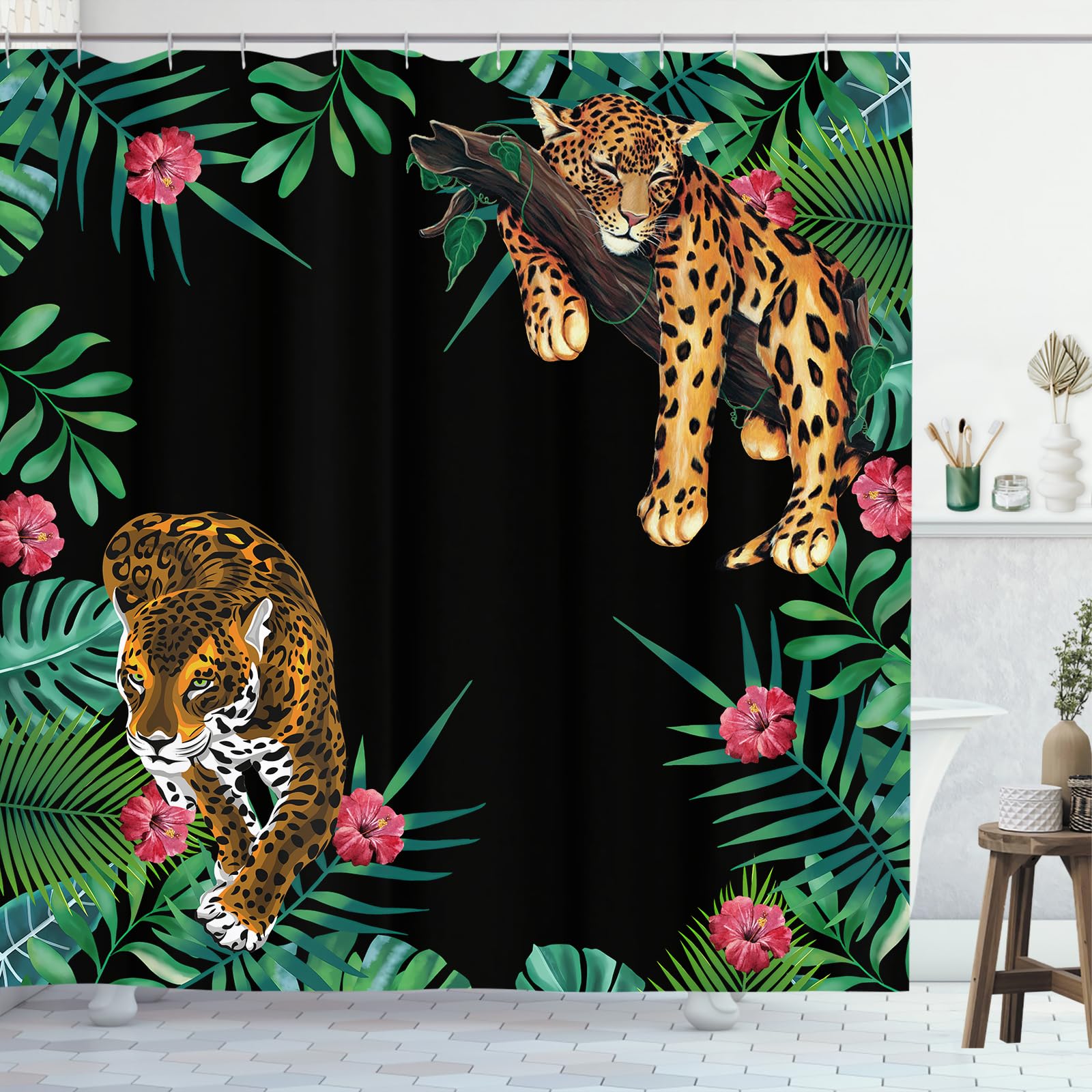 GOOESING Animal Print Leopard Shower Curtain Set,Hooks Included,Tropical Safari Black Fabric Bathroom Shower Curtain 180x180