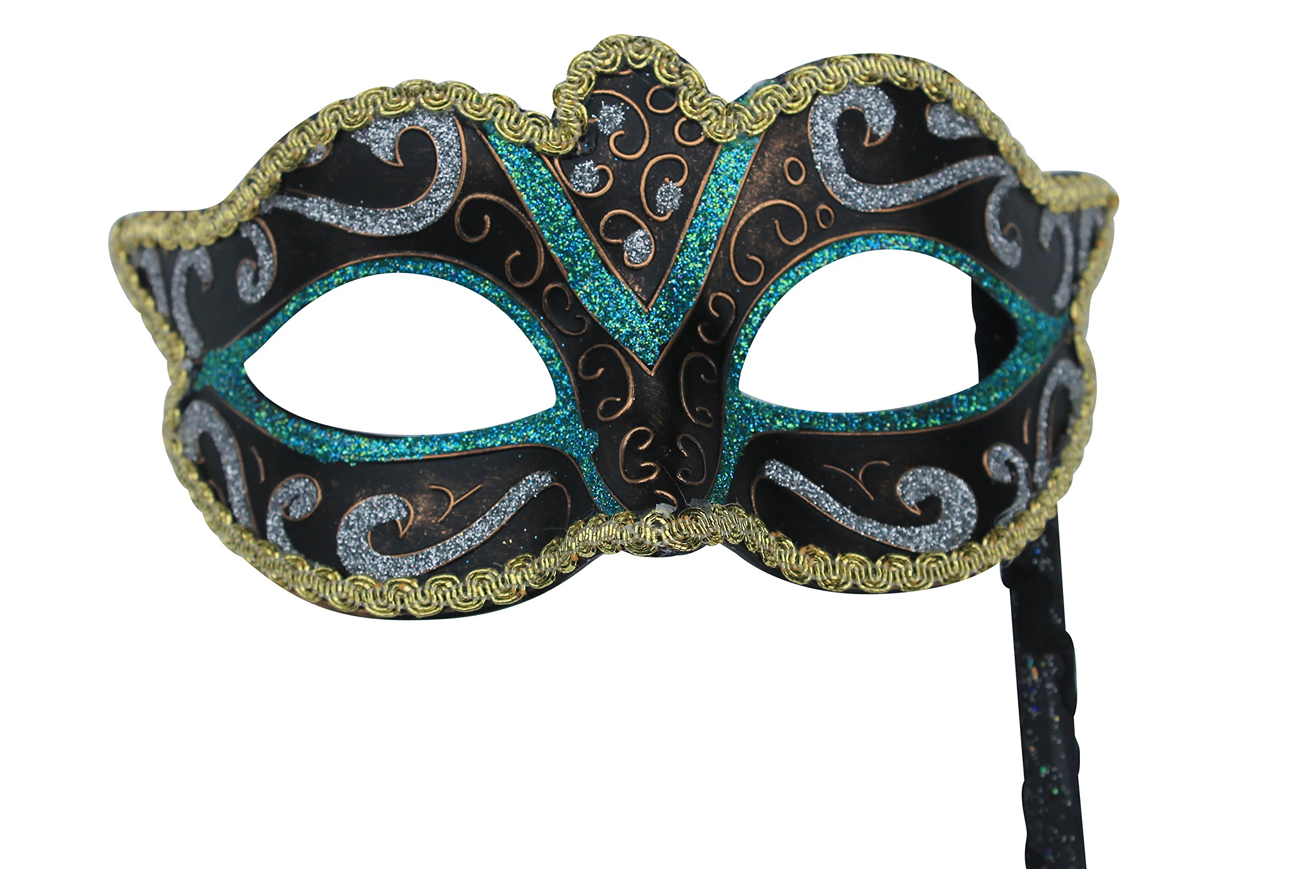 THE GOOD LIFE GREEN BRONZE GOLD & BLACK VENETIAN MASQUERADE CARNIVAL PARTY EYE MASK ON A STICK