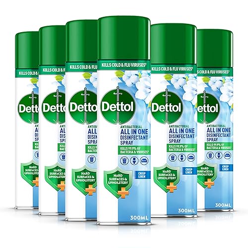 Dettol Antibacterial All In One Disinfectant Spray, Crisp Linen, 300ml (6 x 300ml, Total 1.8L), Household Sanitizer, Hard Surfaces and Upholstery, No Wiping Required, Kills 99.9 Percent of Germs