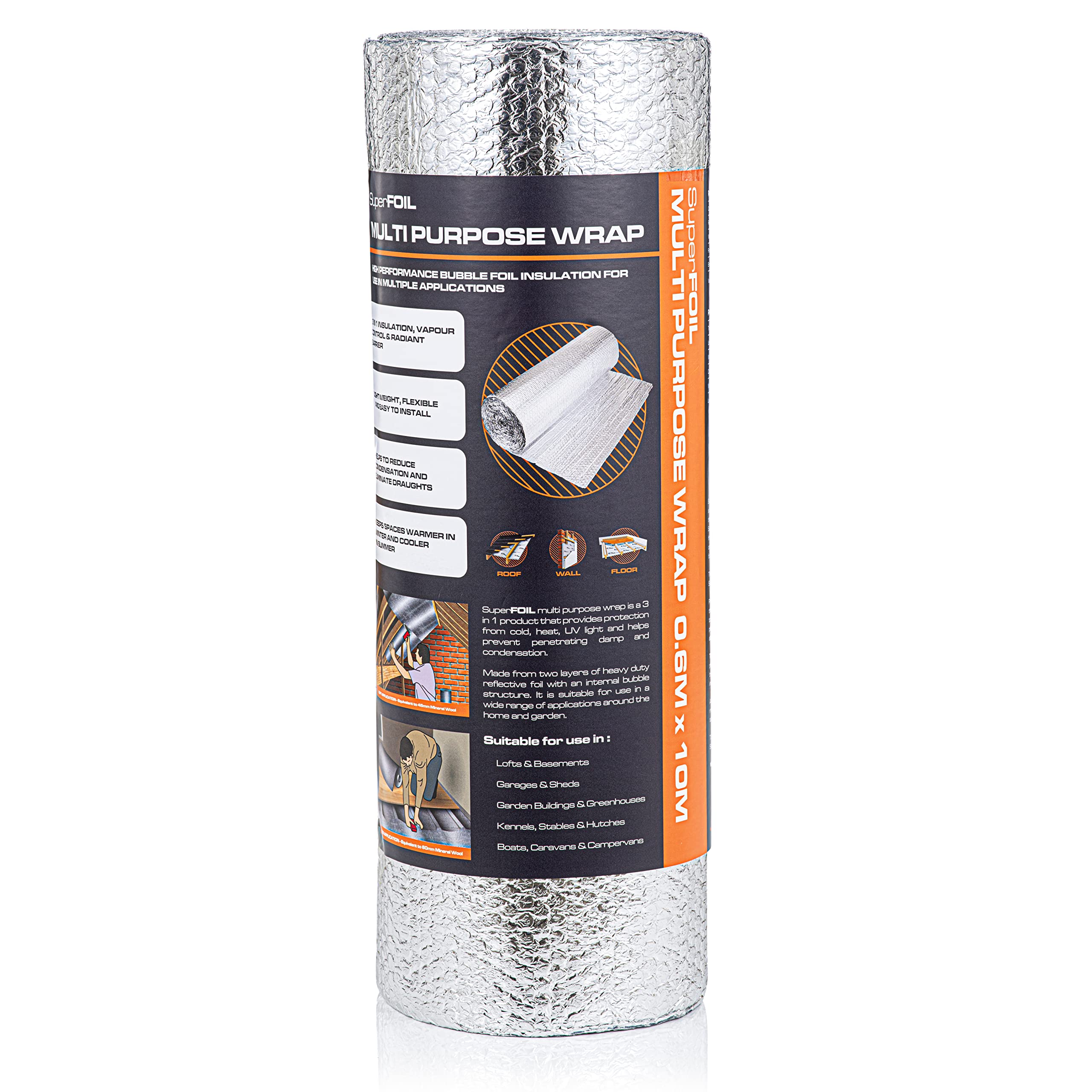 SuperFOIL Foil Insulation Roll - Energy Saving DIY Bubble Foil Sheet - 3-in-1 Sustainable Thermal Insulation (Silver, 0.6m x 10m)