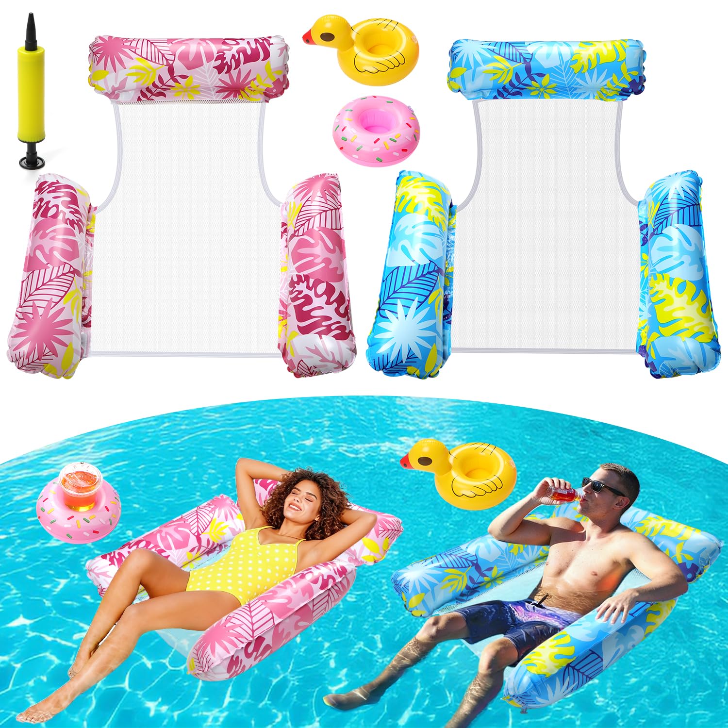 2 Pack Lilo Pool Inflatables with 2 Drink Holders and 1 Air Pump, 4 in 1 Water Hammock Floats with Cool Mesh Adult Swimming Pool Toys Chair Sofa Lounger Saddle for Beach Seaside Lazy River Hot Tub