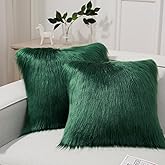 Phantoscope Pack of 2 Christmas Faux Fur Throw Pillow Covers Cushion Covers Luxury Soft Decorative Pillowcase Fuzzy Pillow Covers for Bed/Couch, Deep Green 18 x 18 Inches