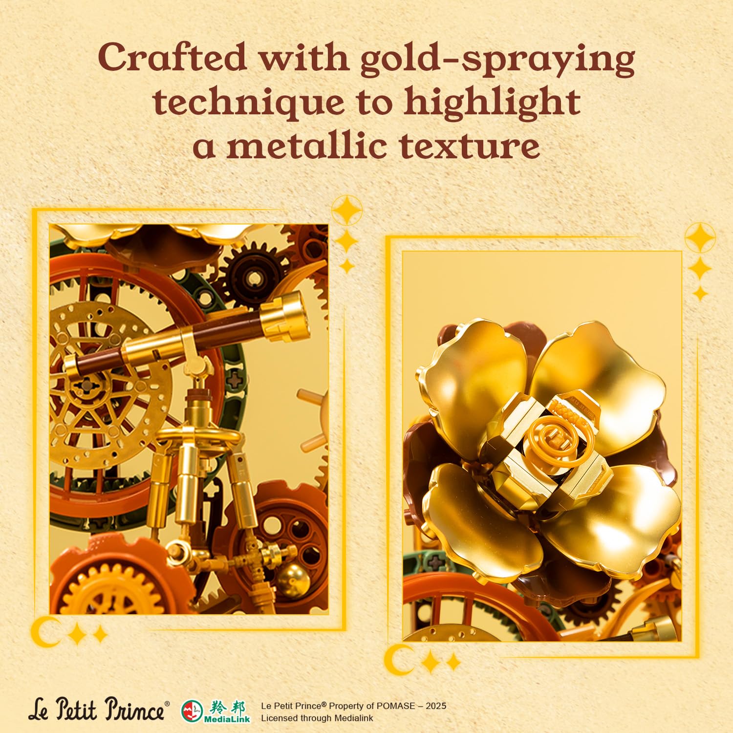 PANTASY Der Kleine Prinz – Sternenreise Bauset, von der Vintage-Mechanik-Taschenuhr inspiriertes Modell mit Zahnrädern, Teleskop & Goldener Rose, Sammler-Displayspielzeug mit exklusiver Prinz-Figur 3