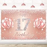 Happy 17th Birthday Banner Backdrop - 17 Birthday Party Decorations Supplies for Girls or Boys - Rose Gold 4 x 6ft
