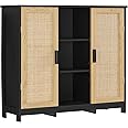 Iwell Rattan Cabinet with 3 Adjustable Shelves - Credenza Buffet & Coffee Bar Cabinet, Accent for Living Room & Entryway in Black & Natural