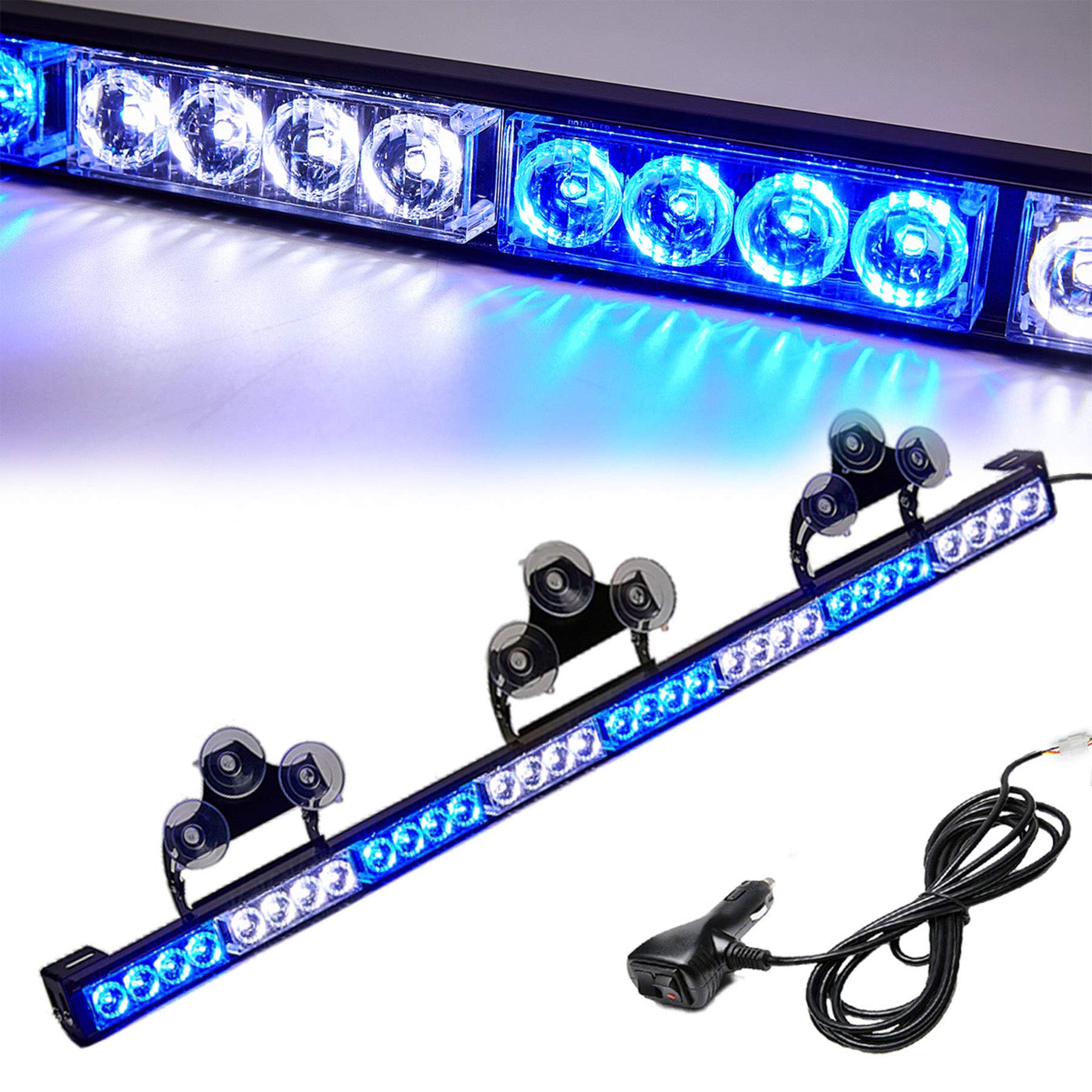 LE-JX Blue/White Emergency Strobe Light Bar 36 Inch 13 Flash Patterns Traffic Advisor Warning Hazard Windshield Safety Lights Bar for Police Volunteer Firefighter Vehicle, Cop Truck (35.5 Inch,32 Led)