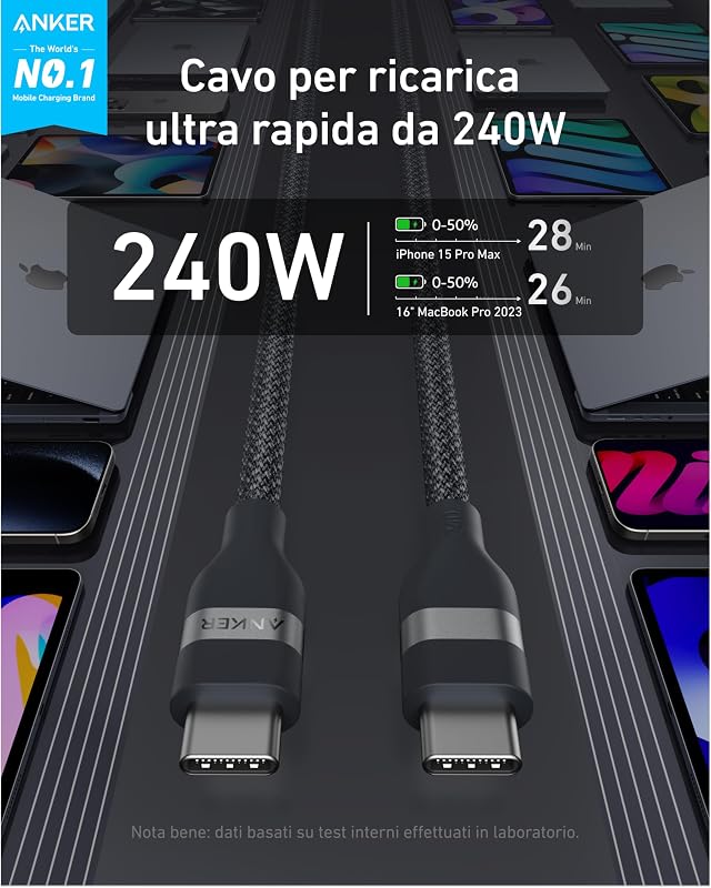 Cavo USB C Da 240W 1,8m, Cavo Ricarica In Nylon Tipo C Doppia Treccia