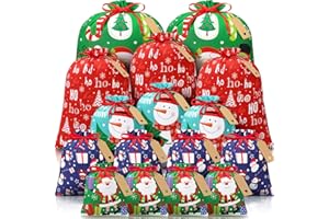 FLOE 16 PCS Christmas Drawstring Gift Bags with Tags, Large Xmas Gift Bags Assorted Sizes Bulk, Jumbo Medium Small Holiday Gift Bags Cotton Fabric Gift Wrapping Bags for Christmas Presents Party Favor Sack