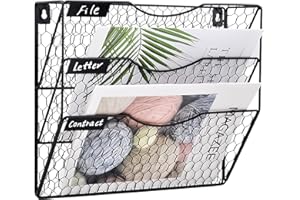 COSYAWN 3 Tier Wall File Holder Hanging Mail Organizer Metal Chicken Wire Wall Mount Magazine Rack, Black