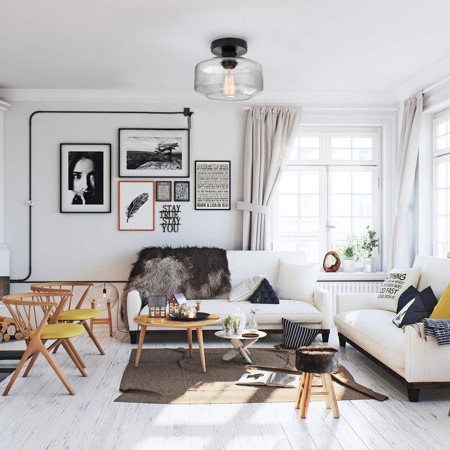 SunRider Industrial Semi-Flush Mount Ceiling Light Fixture, Modern Seeded Glass Pendant Lamp, Black Farmhouse Hanging Lighting for Bedroom Hallway