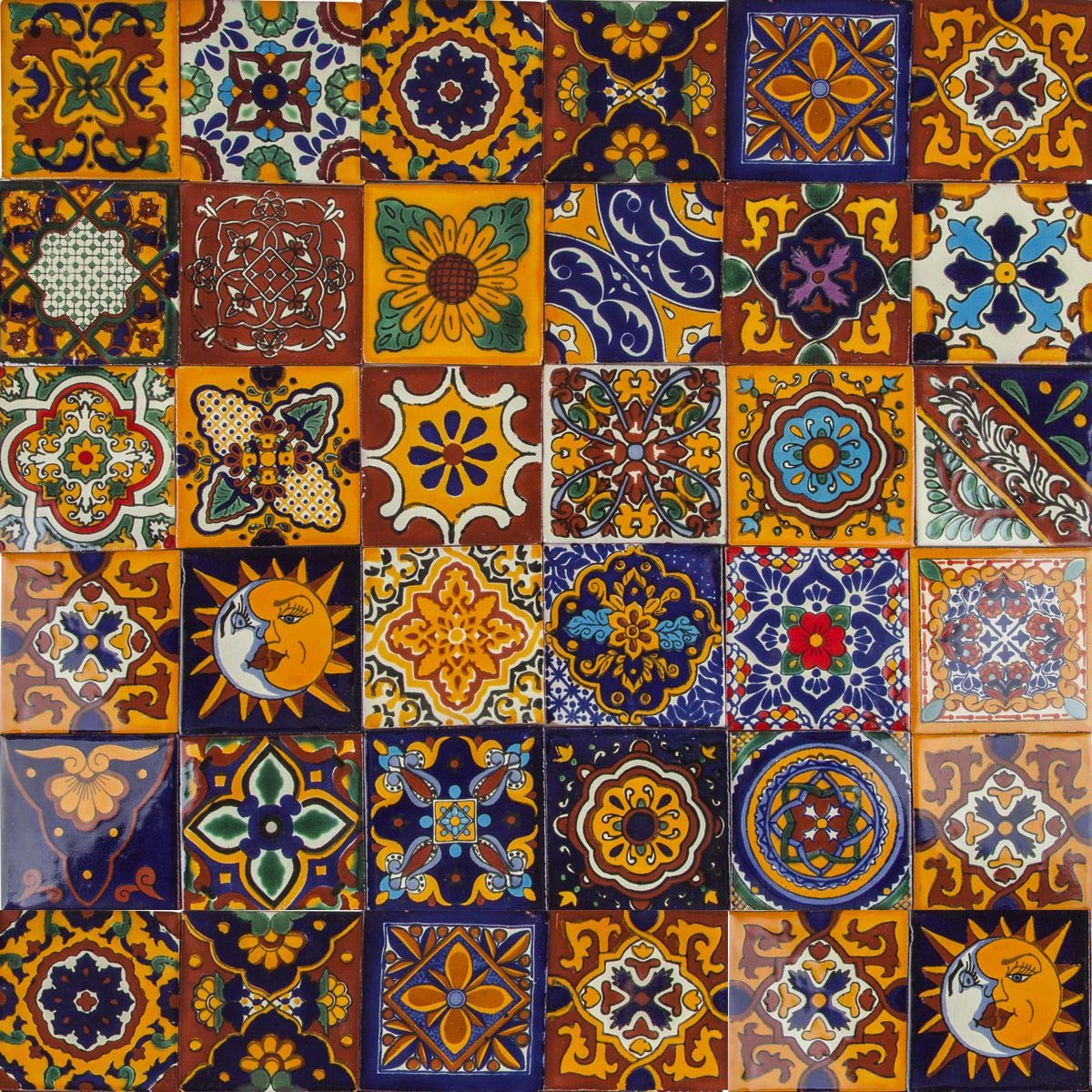 Mexican Ceramic Tiles - Girasol by Cerames - 30 Decorative Mexican Mosaic Tiles for Bathroom, Kitchen, Shower, Stairs, Living Room, Kitchen backsplash | Mexican Tiles backsplash 10,5x10,5 cm
