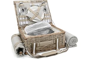 19Pcs Insulated Wicker Picnic Basket for 2 with Picnic Blanket Wine Bag, Picnic Set with Cooler and Full Tableware, Polka Dot