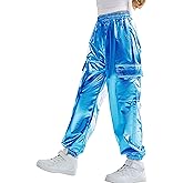 Rolanko Girls Shiny Metallic Cargo Pants, Sparkle Jogger Pants for Girls Hip Hop Dance Streetwear Cargo Trousers (Teal, 10-12)