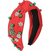 Gmmidea Christmas Snowflake Headbands for Women Crystal Pearl Tree Snowflake Knotted Headband Embellished Wide Twist Xmas Hairband Holiday Christmas Headpiece Outfits Accessories
