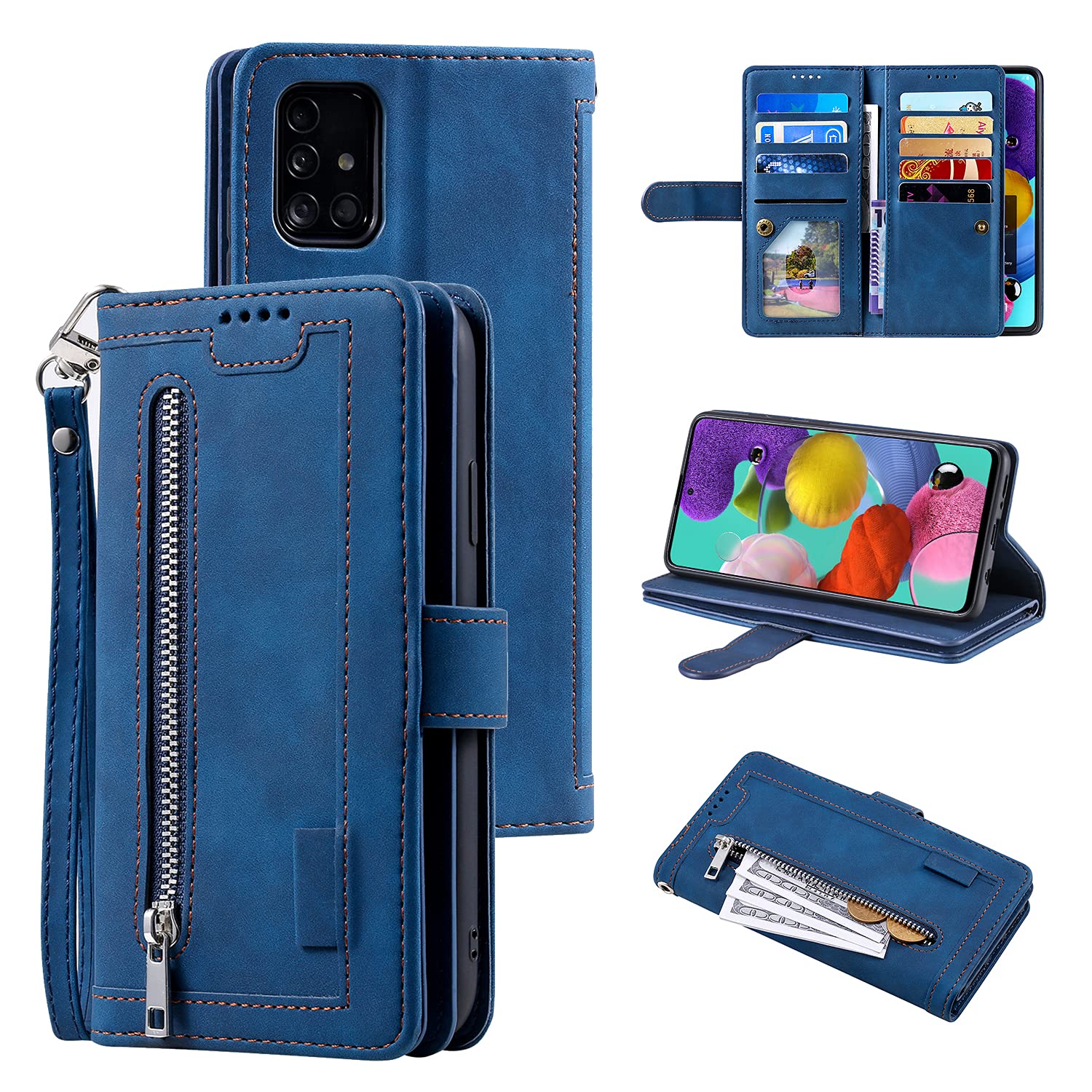 UEEBAI Wallet Case for Samsung Galaxy A51, Retro 9 Card Holder Slots Zipper Pocket Handbag Case PU Leather Magnetic Closure Kickstand with Wrist Strap TPU Shockproof folio Case - Blue